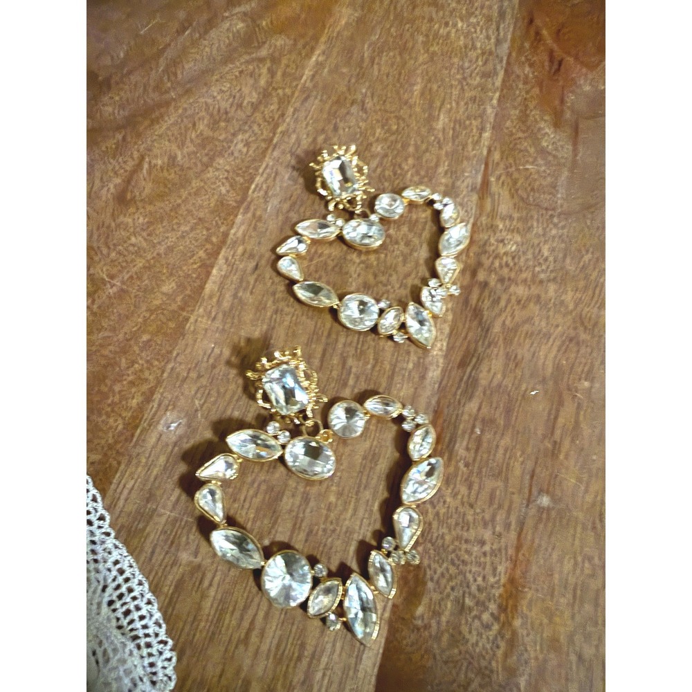 Heart earrings 4" statement wedding fun girly costume jewelry goldtone fun femme